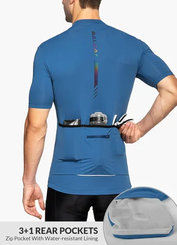Vista 4 de BALEAF Camiseta de ciclismo para hombre, manga corta, media cremallera, para ciclismo de montaña, 4 bolsillos traseros UPF