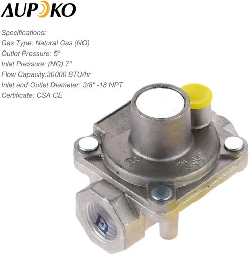 Vista 2 de Aupoko Regulador de gas de 3/8"/1/2", regulador de baja presión de parrilla de gas natural de 3/8"-18NPT/1/2"-14NPT, se adapta a pozo de fuego LP a