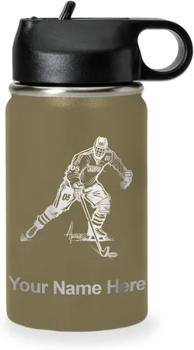 Vista 26 de LaserGram Botella de agua personalizada, jugador de hockey, acero inoxidable de doble pared aislada al vacío con popote superior, regalo grabado