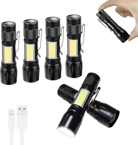 Vista 9 de KunHe Paquete de 4 linternas recargables USB-C mini pequeñas LED Linternas brillantes con clip Ligero EDC con luz lateral COB para camping, hogar