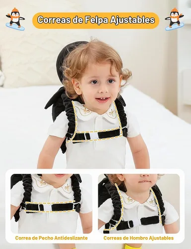 Vista 4 de JunNeng - Mochila protectora de cabeza de bebé para caminar y gatear, pingüino blanco Protector de cabeza suave, transpirable, ajustable