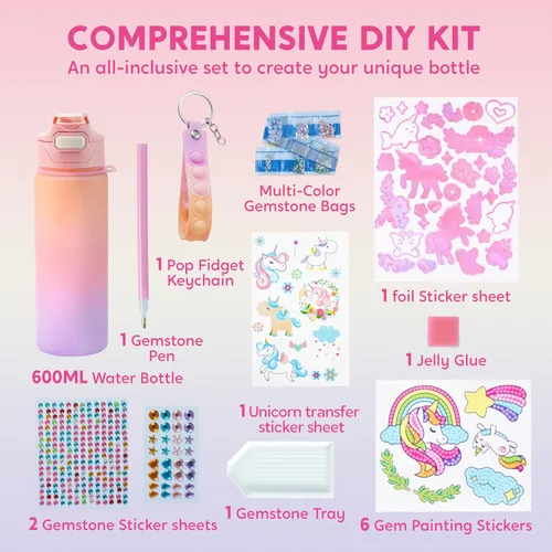 Vista 5 de Klever Kits Decora tus propios kits de botellas de agua para niñas de 6 años en adelante, unicornio, gema de diamante, manualidades, regalo