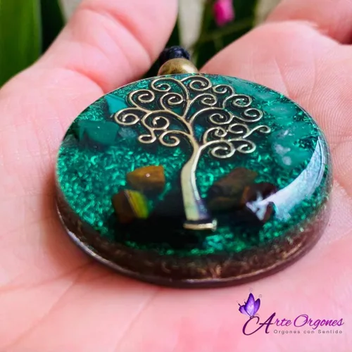 Vista 8 de Collar de orgón, árbol de la vida, protección - cristales curativos, piedra física, mental y espiritual -cuarzo, malaquita, ojo de tigre - bobina