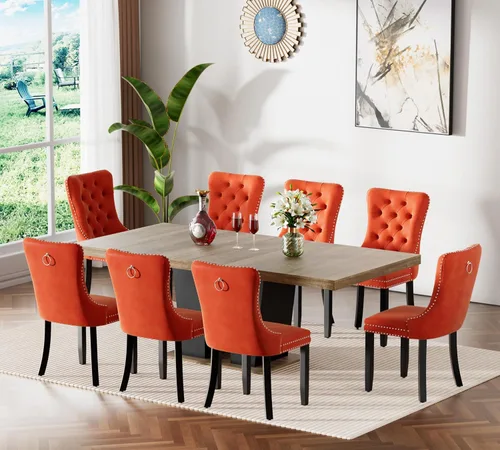 Vista 20 de Juego de mesa de comedor extensible de 63 a 79 pulgadas para 4, moderna mesa de cocina expandible con 4 sillas de terciopelo, mesa de madera gruesa