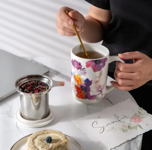 Vista 6 de AmorArc Taza de Té de Porcelana con Infusor y Tapas, Taza Grande de 18 Oz con Colador y Soporte para Bolsa para Té de Hojas Sueltas, Taza de Café