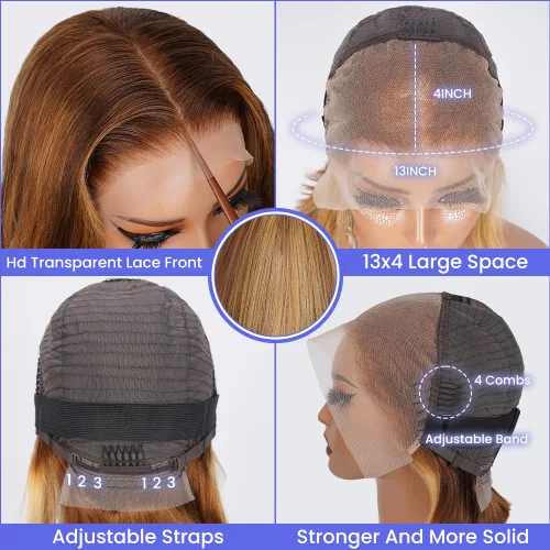 Vista 4 de Pelucas de encaje frontal de 13x4 Highlight Ombre de cabello humano ondulado 4/27 color rubio miel 9A sin pegamento HD encaje frontal transparente