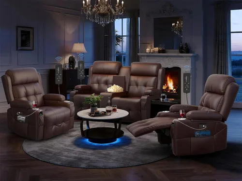 Vista 20 de Sofá reclinable de dos plazas para cine en casa, sofá reclinable de pared con USB, portavasos, sillón reclinable de tela de guijarros, sofá cama