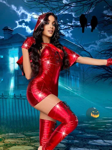 Vista 4 de Vestido sexy para mujer con capa de caballo, color rojo, 4 piezas, conjunto de disfraz de Halloween con purpurina