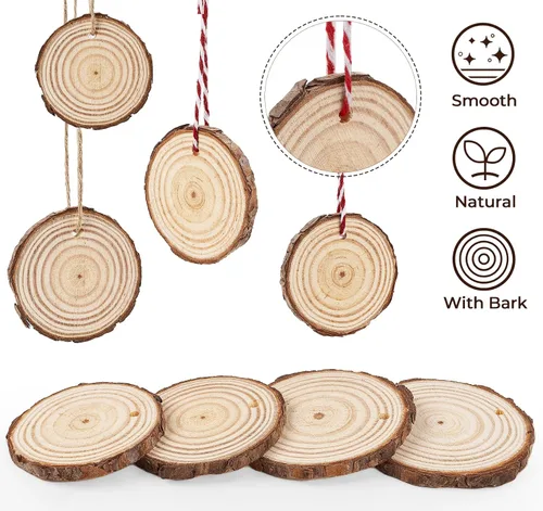Vista 3 de ilauke - 30 piezas de láminas de madera natural de 2.7"-3.1" con agujero pretaladrado, madera sin terminar con corteza, círculos de madera