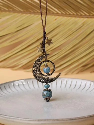 Vista 4 de Collar de cerámica con cuentas de cerámica hippie bohemio, luna y estrellas, mariposa, regalo de joyería hippie bohemio para mujer