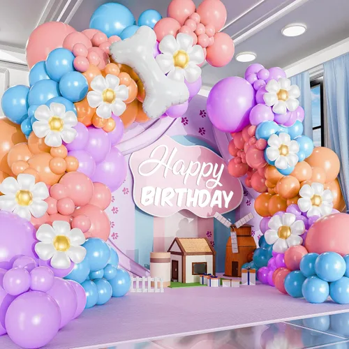 Vista 5 de Kit de arco de globos azules TODO EN 1 con globos BONUS de hueso y margarita para decoración de cumpleaños de niña - Guirnalda de globos pastel
