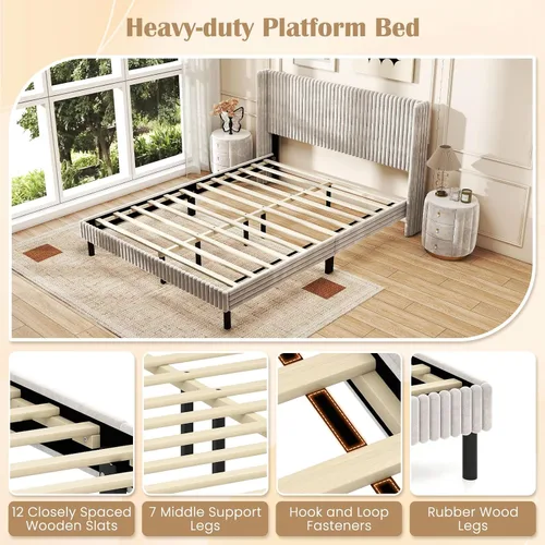 Vista 6 de Giantex Base de cama de terciopelo tamaño Queen, plataforma tapizada con cabecera vertical copetuda, base de colchón de soporte de listones