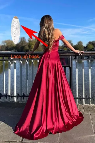 Vista 3 de Youjiayi Vestidos de fiesta de graduación con hombros descubiertos y abertura, vestidos largos de satén de seda para mujer, vestidos de fiesta