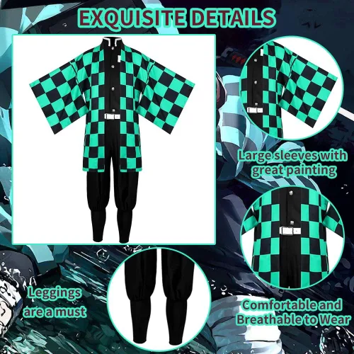 Vista 4 de Disfraz de anime de Tanjiro Zenitsu Shinobu Giyu Mitsuri con peluca y aretes, uniforme para Halloween