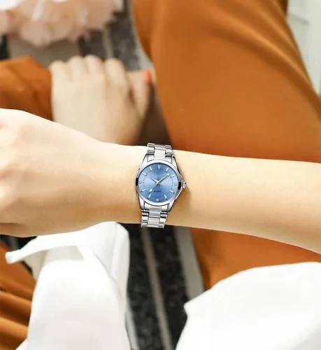 Vista 5 de Reloj analógico de cuarzo para mujer, clásico, plateado, de acero inoxidable, resistente al agua, reloj analógico