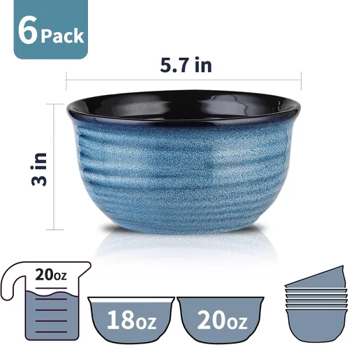 Vista 5 de Hasense - Juego de 6 tazones de cereales, 20 onzas, juego de tazones de sopa de cerámica para cocina, apto para cereales, sopa, arroz, pasta, Azul
