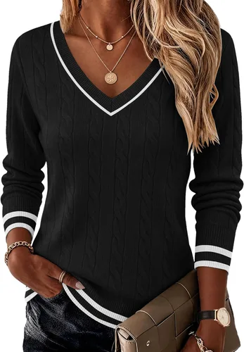 Vista 15 de Ekouaer Suéter de punto trenzado con cuello en V para mujer, manga larga Negro