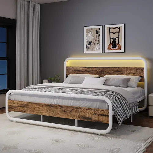 Vista 13 de Catrimown - Marco para cama individual con luces LED, marco de cama plataforma individual resistente de metal rústico con cabecera de madera