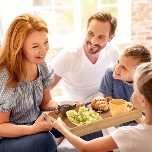 Vista 7 de Bandejas de bambú para comer en el sofá, platos de fiesta para servir alimentos, bandeja decorativa para encimera de cocina rectangular