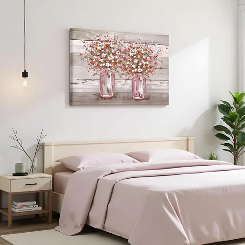 Vista 2 de RyounoArt Cuadros florales rosados para decoración de pared, flores rosas y grises en jarrón, pintura artística de granja, decoración de granja