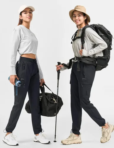 Vista 5 de BVVU Pantalones deportivos tipo cargo para mujer, ligeros, de secado rápido, para senderismo, impermeables, con bolsillos con cremallera