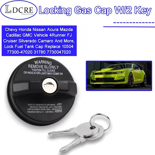 Vista 2 de Tapa de gas de bloqueo con 2 llaves, compatible con vehículos Chevy Honda Nissan Acura Mazda Cadillac GMC 4Runner FJ Cruiser Silverado Camaro y más