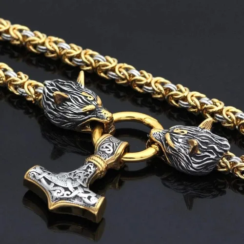 Vista 3 de QZY Cadena de oro y plata con collar Mjolnir, colgante de amuleto vikingo nórdico para hombre, martillo de Thor, cadena bizantina grande, redonda
