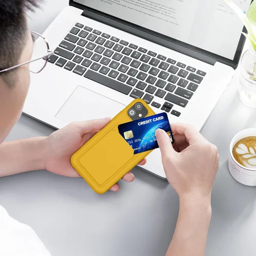 Vista 4 de kwmobile Funda compatible con Apple iPhone 11, funda de TPU con tarjetero de crédito, color amarillo radiante