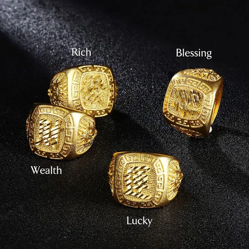 Vista 4 de Besteel Juego de 4 anillos chapados en oro para hombre, anillo Kanji RicSuerteBendición de la riqueza, juego de anillos de la suerte