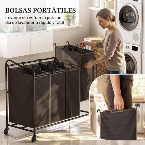Vista 6 de Simple Houseware - Carrito rodante clasificador de ropa sucia con 4 bolsas, color marrón Bronce