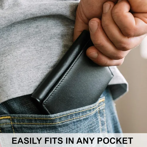 Vista 6 de STAY FINE Billetera de cuero RFID triple para hombre con identificación abatible, soporte delgado para tarjetas de capacidad extra, listo