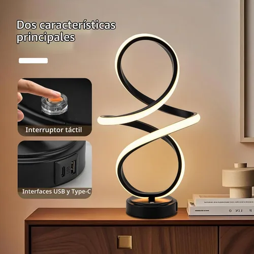 Vista 9 de Mayful Moderna lámpara de mesa en espiral, lámpara de noche con puertos USB C y A, control táctil regulable con 3 temperaturas de color, lámpara LED