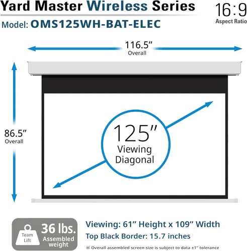 Vista 6 de Elite Screens Yard Master Wireless, 125 pulgadas Diag. Pantalla de proyector motorizada para exteriores 16:9, batería de iones de litio recargable