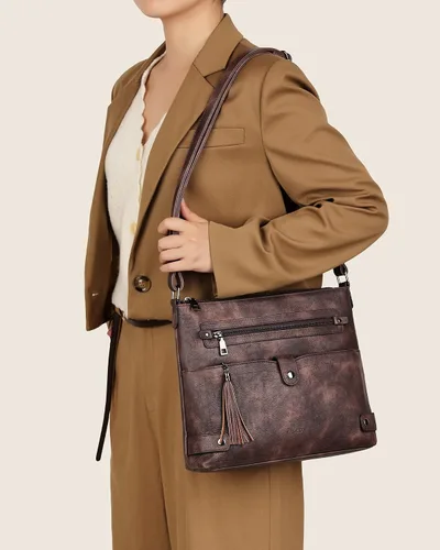 Vista 7 de FADEON Bolsos cruzados grandes para mujer, bolso cruzado de cuero de diseñador, bolso de hombro con múltiples bolsillos