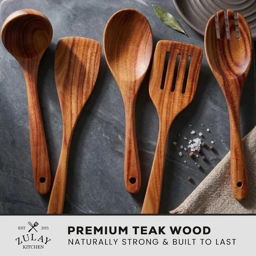 Vista 2 de Zulay Kitchen Juego de 5 cucharas de madera extragrandes - Utensilios de cocina de teca lisa - Cucharón, espátula, espumadera, tenedor, cuchara