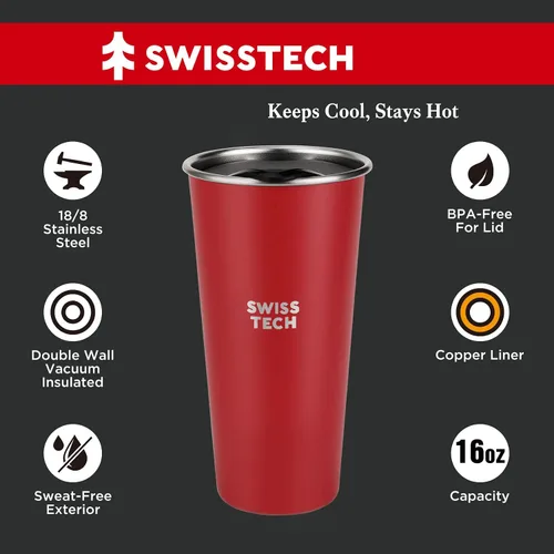 Vista 2 de Swiss+Tech Vasos de acero inoxidable de 16 onzas, paquete de 2 vasos de doble pared, vaso aislado con tapa, vasos duraderos (rojo y blanco)