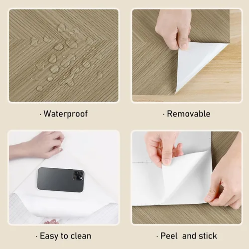 Vista 9 de Wallercity Papel tapiz de espiga marrón claro para despegar y pegar, diseño de rayas modernas, papel tapiz autoadhesivo con aspecto de madera, papel