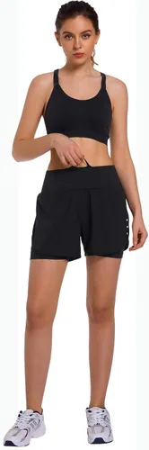 Vista 3 de Ksmien - Pantalones cortos de correr 2 en 1 para mujer, ligeros, para entrenamiento, gimnasio, yoga, forro con bolsillos para teléfono