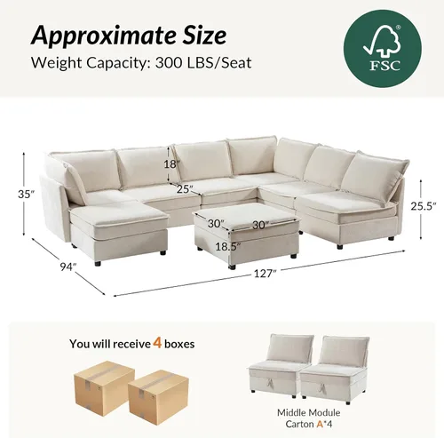 Vista 2 de HULALA HOME Sofá seccional modular, sofá grande en forma de U de 8 asientos con otomano de almacenamiento, sofá cómodo de chenilla con asiento