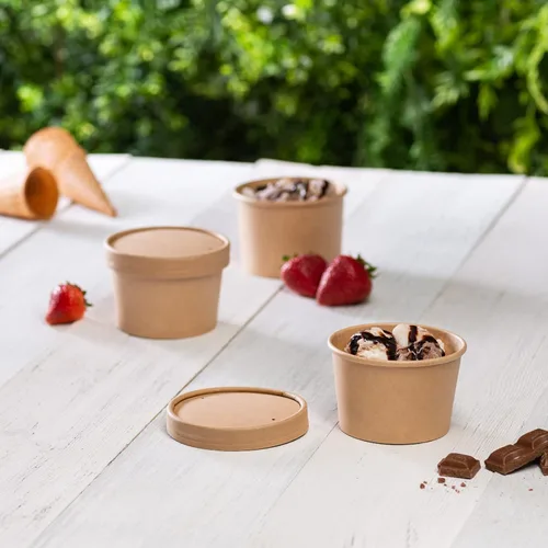 Vista 5 de GUSTO Recipientes de papel kraft de 8 onzas con tapas ventiladas. Tazones de sopa To Go Hot para llevar, tazas de helado desechables, ideales