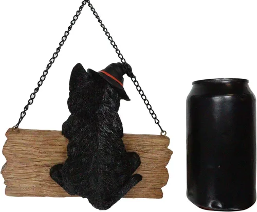 Vista 5 de Ebros Adorable gatito negro realista con sombrero de bruja sosteniendo Happy Halloween tablón letrero rama pared colgante figura Halloween brujas