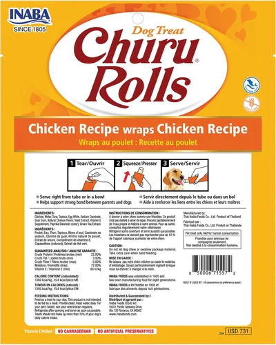 Vista 6 de INABA Churu Rollos para perros, golosinas suaves y masticables envueltas de pollo al horno, 0.42 onzas cada tubo, 48 tubos en total, receta de pollo