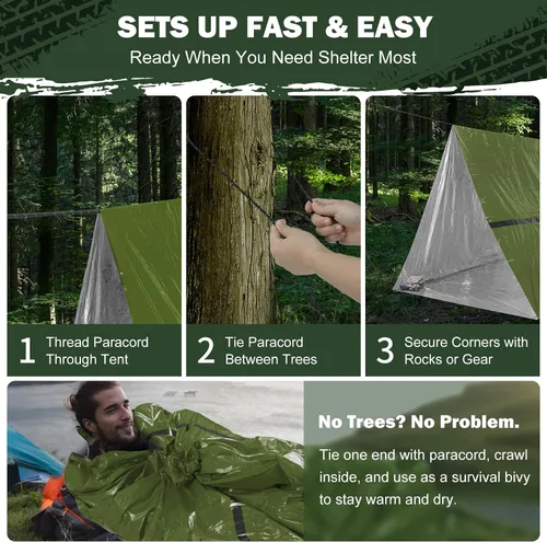 Vista 6 de Emergency Survival Tent Life Shelter - 2 Person Mylar Emergency Shelter Tube Tent with Emergency Whistle & Paracord, All-Weather Essential Survival