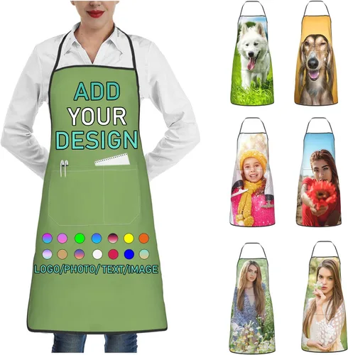 Vista 45 de Delantal personalizado con 2 bolsillos, personalizable con nombre, texto, logotipo, foto, cocina, horneado, delantal de cocina para mujeres y hombres