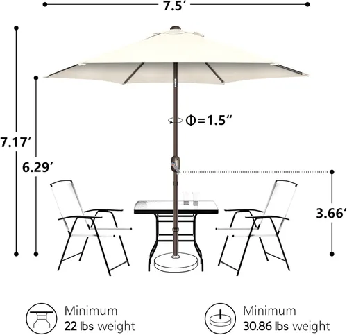 Vista 5 de Sombrilla de patio de 7.5 pies/9 pies, sombrilla de piscina con protección UV con poste resistente, sombrilla para exteriores con botón