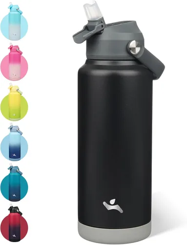 Vista 43 de Konokyo - Botella de agua deportiva aislada de acero inoxidable de 18 onzas con tapa con popote Black; BPA-free, leak-proof sports bottle with