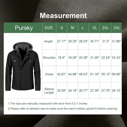 Vista 7 de Pursky Chaqueta de lona de algodón militar casual para hombre con capucha desmontable