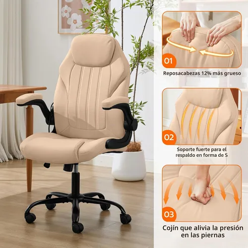 Vista 7 de Ylzyxal Silla de escritorio de oficina, silla ergonómica para computadora con brazos abatibles acolchados y soporte lumbar ajustable, silla Beige
