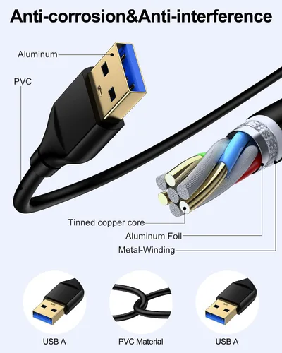 Vista 2 de Cable USB a USB de 6 pies, macho a macho, cable USB A a USB A para discos duros WD, PC, Mac, laptop, PS4, Xbox, USB 2.0 tipo A, impresora, cable
