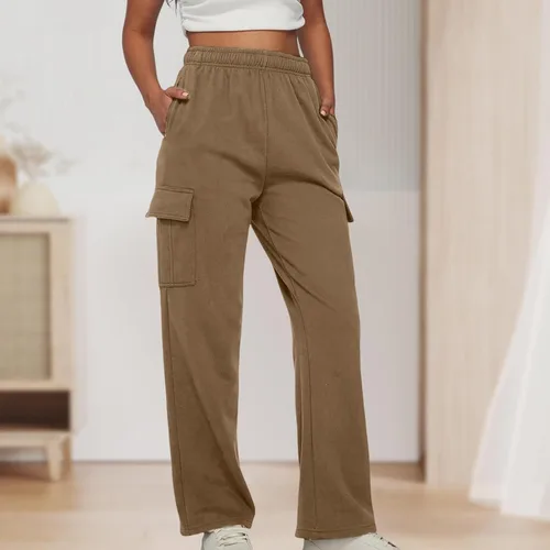 Vista 3 de BBIQI Pantalones deportivos tipo cargo para mujer, pierna ancha, holgados, pierna recta, cintura alta, pantalones deportivos casuales con bolsillos